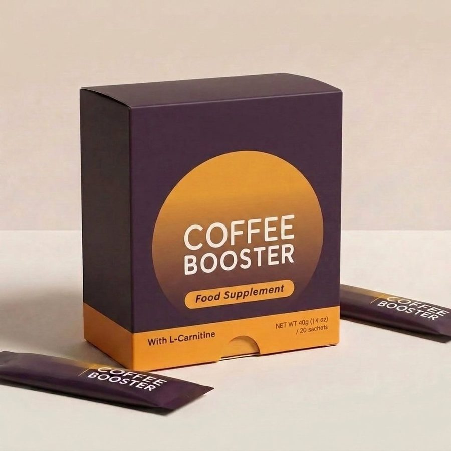 Coffee Booster Packung in Pflaume und Bernstein mit zwei Portionsbeuteln davor
