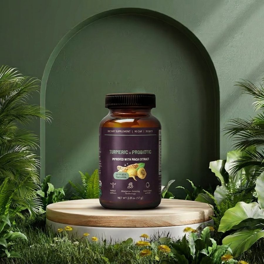 Bernsteinfarbene Flasche Turmeric + Probiotic von Elvuma auf einem Holzpodest zwischen Pflanzen