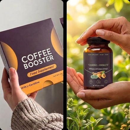 Coffee Booster Packung und Flasche Turmeric + Probiotic aus der Elvuma Reihe in der Hand gehalten