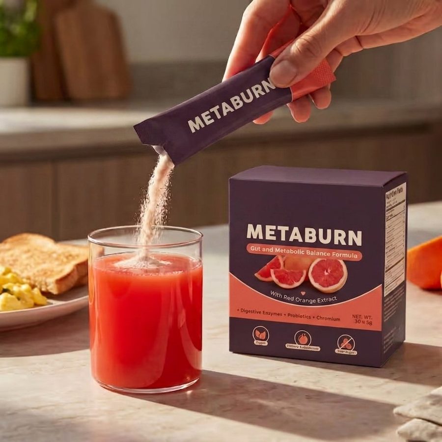 MetaBurn Beutel wird neben der Schachtel in ein Glas Blutorangensaft eingerührt